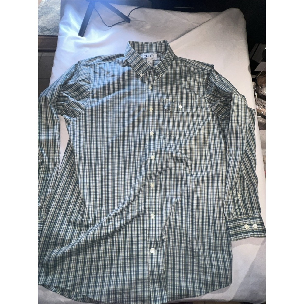 Duluth Trading Men's Plaid Button up shirt Size L Tall Green Blue Xmas Shirt 365
